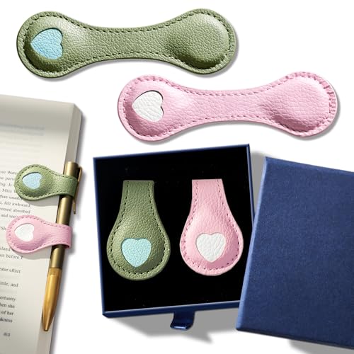 Ovesmusl 2Pcs PU Leather Heart Magnetic Bookmarks with Pen Holder | Pink and green set with double-sided magnets, gift box included, for books, notebooks, magazines, readers and teachers - style: Heart (Pink+Green)