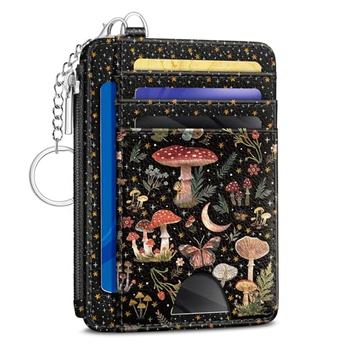 Kelvoris Credit Card Holder Small Wallet Women, Slim RFID, Mushroom Flower | Keychain, Zipper Coin Pocket, Front Pocket Thin Travel Card Case, Minimalist, 6 Card Slots, 1 ID Window, Ladies Gifts Woman - color: Mushroom