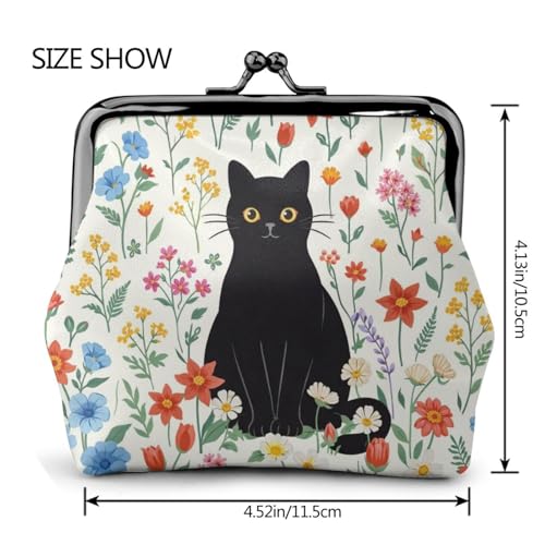 Kiss-lock Coin Purse for Women Change Purses Cute Small Coin Pouch Tiny Coin Wallet (Black Cat and Flower) - color: Black Cat and Flower