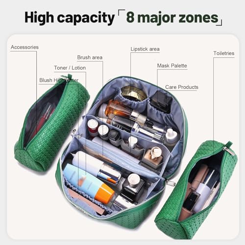BOYATU Travel Makeup Bag Cosmetic Bags for Women: 3 Pcs Set Make up Bag | Large Capacity Waterproof Vegan Leather Organizer Bags with Compartments - Lay flat Toiletry with Handle (L38 Green) - color: L38 Green