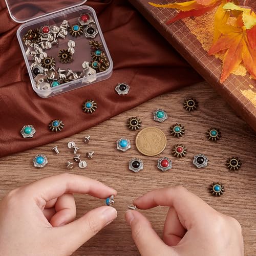AHANDMAKER 40 Sets 8 Style Coin Screw Rivets Decorative Buckle Sunflower Shape Castings Screw Back Button for Leather Screw Back Manual DIY Decoration