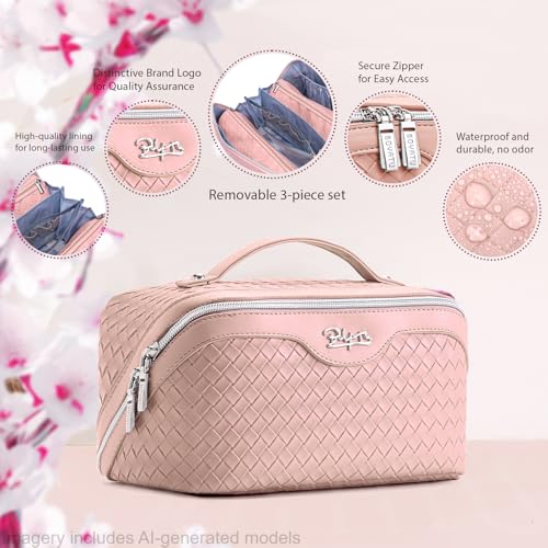BOYATU Travel Makeup Bag Cosmetic Bags for Women: 3 Pcs Set Make up Bag | Large Capacity Waterproof Organizer Bags with Compartments - Lay flat Toiletry with Handle (L04 Light Pink) - color: L04 Light Pink