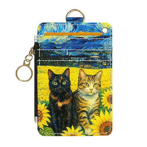 Slim Wallet Credit Card Holder,Sunflowers and Cats, RFID Wallet Women Cute Small Front Pocket Wallet With Zipper, PU Leather Thin travel RFID Blocking Card Case ID Window,Ladies Gifts - color: Sunflowers and Cats