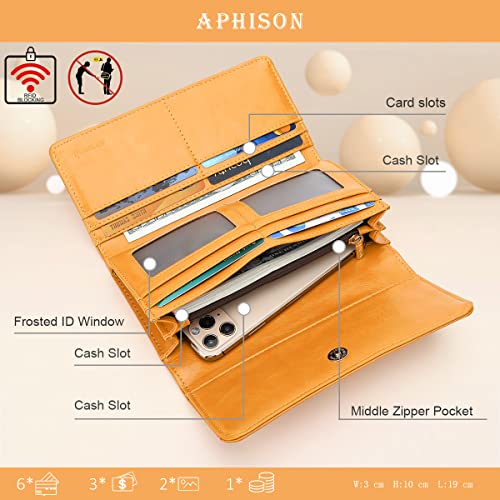 APHISON Womens Wallets RFID Blocking Leather Clutch Long Wallet for Women Card Holder Phone Organizer Ladies Travel Purse Hollow Out Sunflower Design Gift - color: DARK-YELLOW