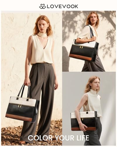 LOVEVOOK Laptop Bag for Women,15.6 Inch Vintage Work Tote Bags for Women,Leather Teacher Bag,Large Handbag Computer Briefcase - color: Black/White/Brown