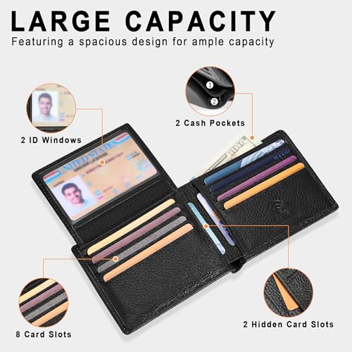 Travelambo Genuine Leather Wallet for Men with Gift Box - Handmade Bifold Stylish - Mens Wallets Rfid Blocking with 2 ID Windows - color: Lychee Black