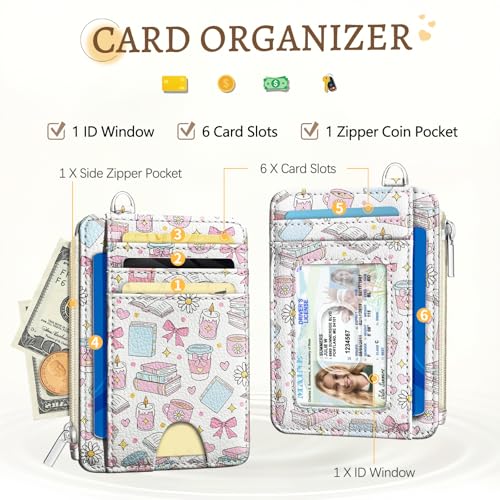 Kelvoris Credit Card Holder Small Wallet Women, Slim RFID, Book Coffee Bow | Keychain, Zipper Coin Pocket, Front Pocket Thin Travel Card Case, Minimalist, 6 Card Slots, 1 ID Window, Ladies Gifts Woman - color: Book Bow