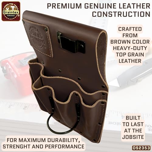 Graintex Drywall Pouch Brown Color Heavy Duty Top Grain Leather, Steel Hammer Holder, Drywall Tool Belt, Framers Tool Pouch, Construction, Carpenter, Electricians - OS2353
