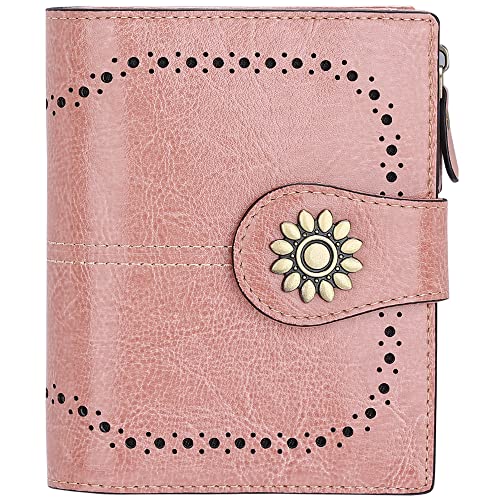 Womens Leather Wallet Small Compact RFID Blocking Credit Card Case Purse with Zipper Pocket | Small - color: Dark Pink