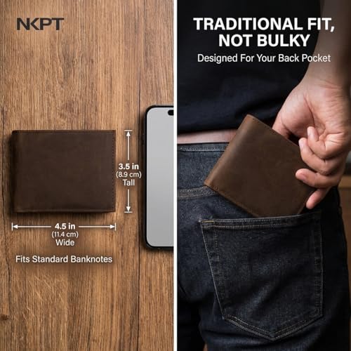 Full-Grain Leather Bifold Wallet for Men | RFID Blocking, ID Window | Chestnut Brown