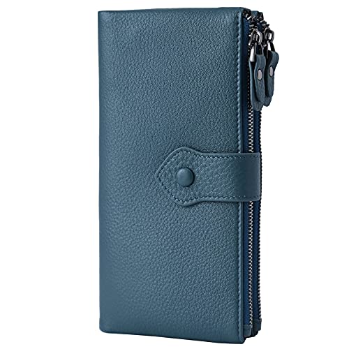 Bveyzi Women Soft Leather RFID Blocking Bifold Slim Wallets Ladies Credit Card Holder Double Zipper Pocket - color: Blue