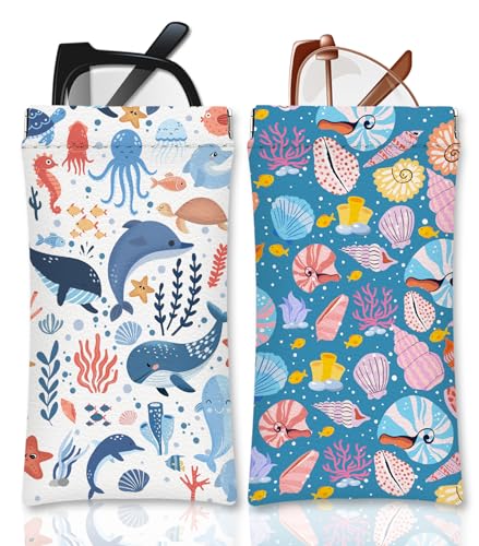 Eyeglasses Sunglasses Case,PU Soft Squeeze Top Glasses Pouch for Women Student,Animal Pattern Portable Anti Scratch - color: Blue+beige