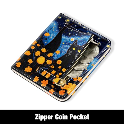 Rouidr Womens Wallet, RFID Small Slim Wallet for Women, Cute Bifold Leather Pocket Credit Card Holder Ladies Mini Purse with Zipper Coin Pocket & ID Window, Starry Sky Cat - color: Starry Sky Cat
