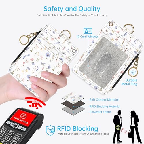 2-in-1 ID Badge Holder & Lanyard Wallet，Cute Zippered Pouch White Flowers 2 | for Teachers,Nurse,Professionals，Removable Wristlet & Neck Lanyard,5 Card Slots Stylish Work Essential - color: White Flowers 2