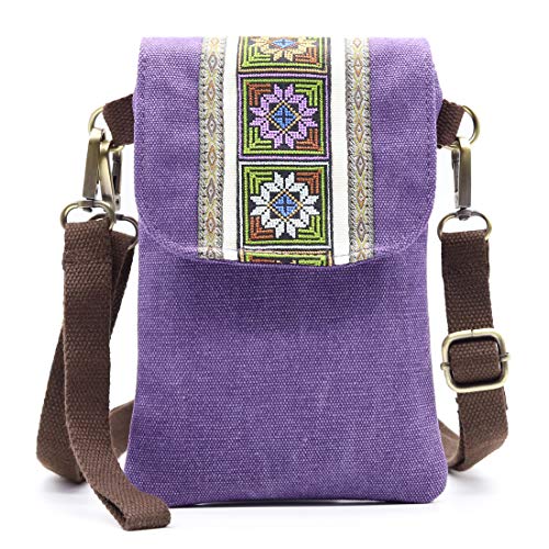 SILKAREA Vintage Embroidered Canvas Flip Small Crossbody Bag Cell Phone Pouch for Women Wristlet Wallet Bag Coin Purse - color: Purple