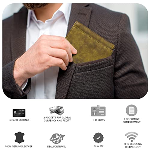 Trifold Leather Wallet for Men - RFID Slim Minimalist Front Pocket 6 Slots - color: Wash Green
