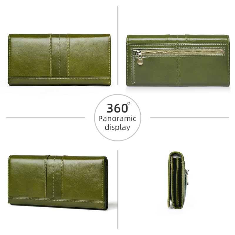 RFID Blocking Wallets for Women Leather Long Ladies Wallet Bifold Womens Wallet with Coin Pocket ID Window,Green - color: Green
