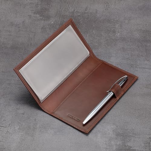 HISCOW Leather Checkbook Cover for Duplicate Checks with Pen Holder - color: Vintage Coffee