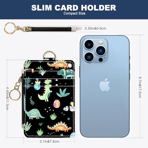 Slim Wallet Credit Card Holder, Dinosaurs, RFID Wallet Women Cute Small Front Pocket Wallet With Zipper, PU Leather Thin travel RFID Blocking Card Case ID Window ,Ladies Gifts - color: Dinosaurs