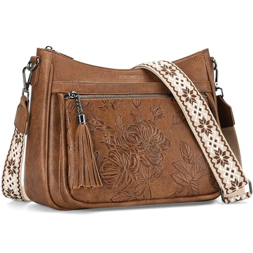 Crossbody Bags for Women, Medium Vegan Leather Purses | Large Capacity Multi-Pocket Embossed Shoulder Bag with Boho Strap for Daily Travel - color: Brown