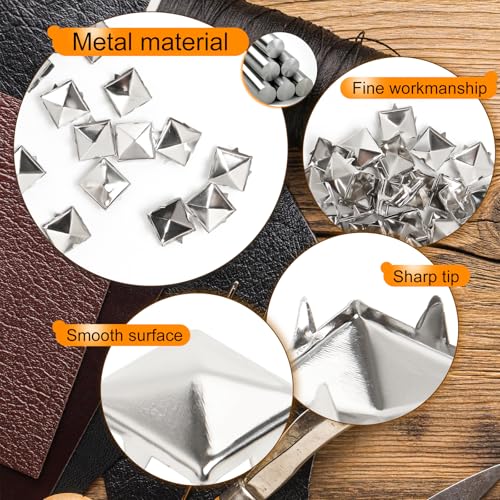 SBYURE 200 Pcs 10mm Silver Studs for Clothing Four-jaw Square Punk Spikes Pyramid Studs Rivets for Shoes, Jackets, Backpacks Leather Crafting