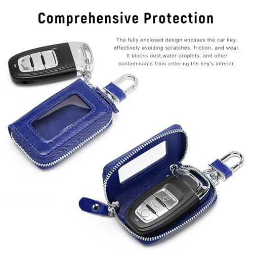 Car Key Fob Case, Remote Keys Storage Bag with Metal Hook & Transparent Window, Waterproof Leather Auto Key Fob Holder Keychain Zipper Bag for Women Men, Car Accessories (Royal Blue) - color: Royal Blue
