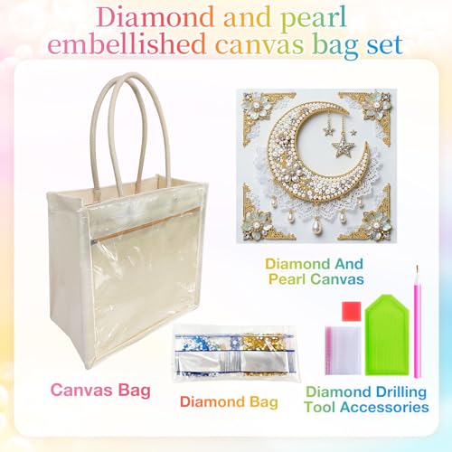 Xylzzuit DIY Pearl Painting Canvas Tote Bag Kit 11.42IN Diamond Art Handbag for Women Shopping Grocery Bag Dots Beads Art Craft Gift (Moon) - color: Moon