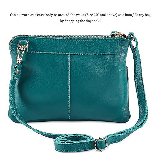 Small Leather Crossbody Bag for Women Adjustable Sling Purse Multi Pocket | Genuine Top Grain Leather, 4 Zip Pockets, Cross Over for Travel, Gift for Women, Phone Pocket - color: Emerald Green Nappa
