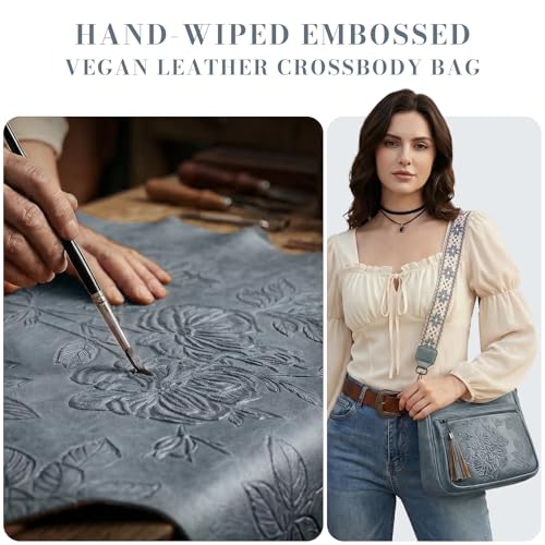 Crossbody Bags for Women, Medium Vegan Leather Purses | Large Capacity Multi-Pocket Embossed Shoulder Bag with Boho Strap for Daily Travel - color: Blue