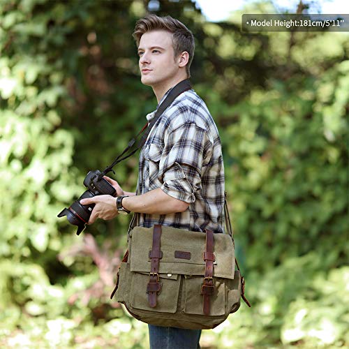 Kattee Vintage Leather Canvas DSLR SLR Camera Bags for Men | Leather & canvas, vintage. Adjustable padded dividers fit DSLR/lenses. Card pockets. Ideal for travel, office & daily - color: Light Green
