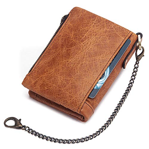 boshiho Genuine Leather Bifold Chain Wallet for Men RFID Blocking - color: Khaki
