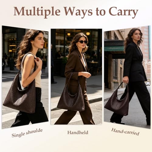 Woven Textured Vegan Leather Hobo Tote Bag Large Slouchy Purse for Women | Trendy work handbag with magnetic closure and interior pockets. Chic aesthetic satchel ideal to carry daily travel essentials - color: Coffee