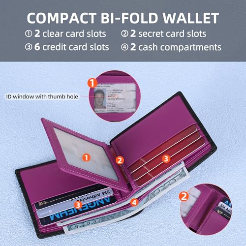 VISOUL Mens Bifold Wallet with 2 ID Windows Carbon Fiber Leather, RFID Blocking Secure Designer Billfold Wallets for Men with Two Cash Compartments (Black+Purple) - color: Black+Purple