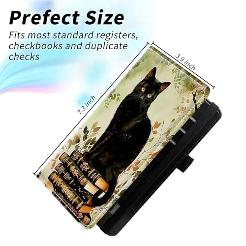 Check Book Cover for Personal Checkbook, Leather Business Checkbooks Plastic Insert Flap Card Holder Pen Hoop Holder with RFID Blocking Slim Wallet for Duplicate Checks Women Men, Book Cat - color: Book Cat