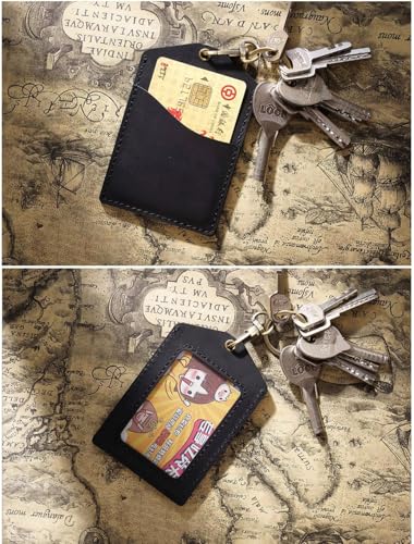 Genuine Real Leather ID Badge Holder, Top Grain Leather Vertical ID Holder with Gold Metal Keyring (Black) - color: 02 Id Holder - Black