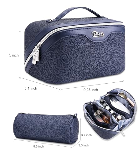 BOYATU Travel Makeup Bags Cosmetic Organizer Bag: 3 Pcs Set Large Capacity Make up Bag with Compartments - Waterproof Leather Toiletry Bags with Handle for Women (A-Dard Blue) - color: A-Dard Blue
