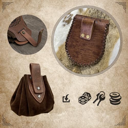 EpicCos 3 PCs Medieval Faux Leather Belt Bag Set, Renaissance Drawstring Pouch Dice Bag, Vintage Side Pack Coin Purse for LARP (Brown A) - color: Brown A