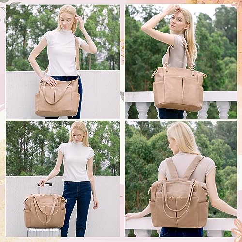 MOMINSIDE Diaper Bag Tote Convertible Diaper Bag Backpack Tote Leather | 4 in 1 Baby Bag Hospital bag 13 Pockets Travel Diaper Tote Pañaleras Para Bebe with Changing Pad for Mom & Dad(Camel) - color: Camel