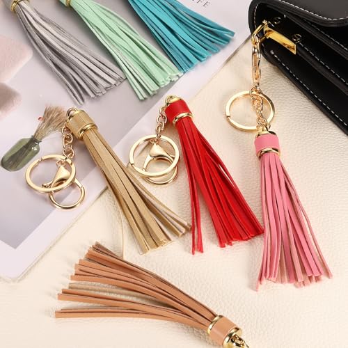 uxcell Leather Keychain Tassels, Women Tassel Bag Charm with Lobster Clasp Key Ring for Handbag Purse - color: Light Coffee