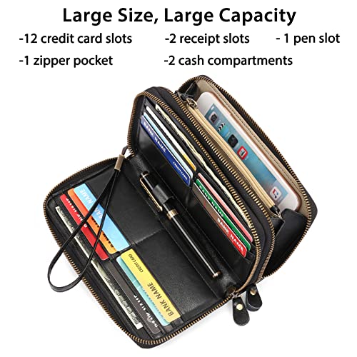 SENDEFN Leather Women Wallet RFID Blocking Zipper Around Phone Holder Clutch Wristlet Large Capacity - color: Elegant Black