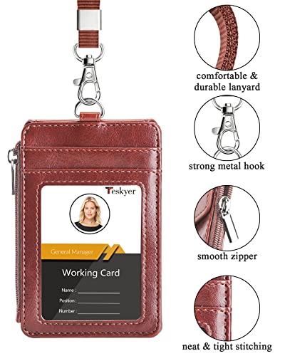 Teskyer Leather ID Badge Holder with Lanyard, Lanyard Wallet, Brown - color: Brown, size: 3.1" x 4.7"