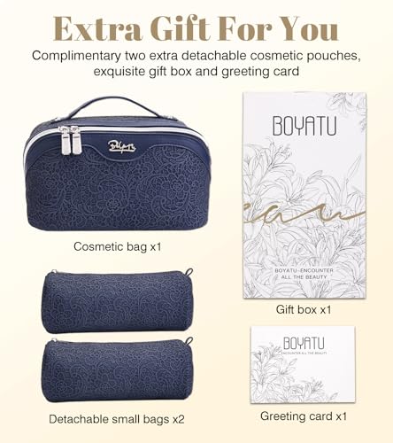 BOYATU Travel Makeup Bags Cosmetic Organizer Bag: 3 Pcs Set Large Capacity Make up Bag with Compartments - Waterproof Leather Toiletry Bags with Handle for Women (A-Dard Blue) - color: A-Dard Blue