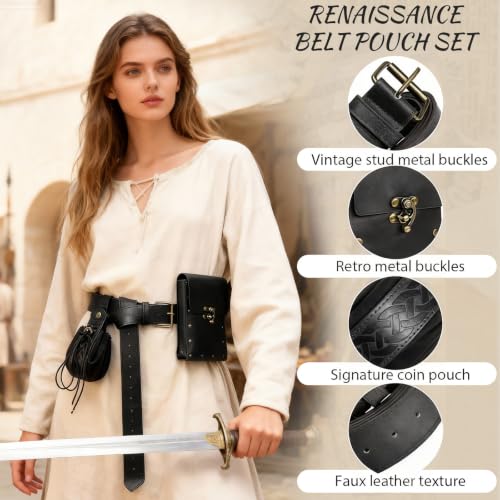 Renaissance Belt Pouch Medieval Pirate Costume Accessories Set for Cosplay | Viking Faux Leather Waist Bag, Skirt Hike Clips, Perfect for Women and Men Ren Faire, LARP, Fantasy, Halloween - color: Black-M