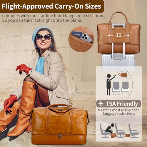 Faux Leather Weekender Bags for Women: Large Overnight Bags Travel Duffel Bag Carry On Shoulder Weekend Tote with Shoe & Laptop Compartment & Toiletry Bags for Airplane Traveling Gym, Brown - color: PU-Brown
