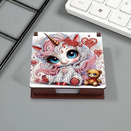 JZHYOAN Diamond Art Note Box for Woman, DIY Wooden Reusable Portable Office Holder Box, Message Paper Mosaic Storage Box for Bedroom Living Room-Unicorn-Contains 160 Sheets of Paper Note Holder