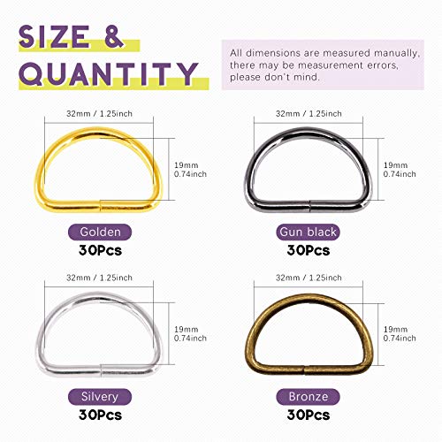 Swpeet 120Pcs 5/4 Inch - 30mm 4Colors Multi-Purpose Metal D Ring Semi-Circular D Ring for Hardware Bags Ring Hand DIY Accessories (Mixed Color, 5/4 inch) - color: Mixed Color, size: 5/4 inch
