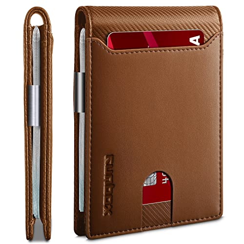 RUNBOX Slim Wallet for Men - RFID Blocking Leather Bifold with Money Clip | Minimalist Front Pocket Wallet Holds 11 Cards,Slim Thin Design,RFID Blocking Protection, Practical Birthday Gifts for Men - color: Caramel