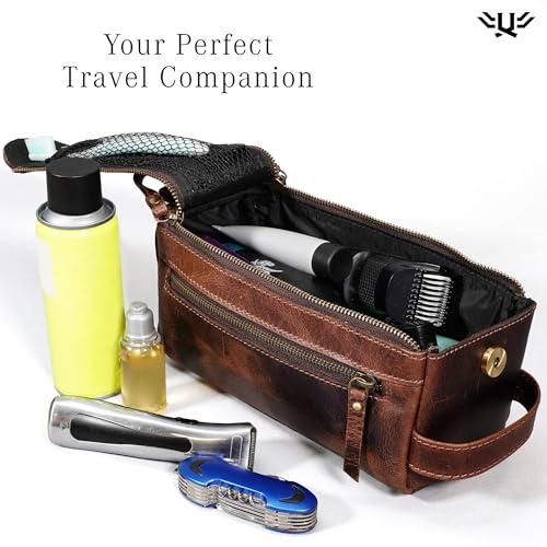Premium Handmade Genuine Leather Toiletry Bag for Men & Women, Dopp Kit & Shaving Travel Organizer, Cosmetic Wash Bag with Zipper Pocket Travel Pouch, Gift for Him & Her - Dark Brown - color: Dark Brown (Large)