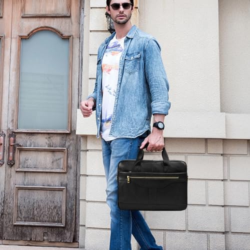 Genuine Leather Briefcase for Men, Laptop Computer Shoulder Bag With Strap, 15.6 Inch Business Travel Work Handbag - color: 3317 Black