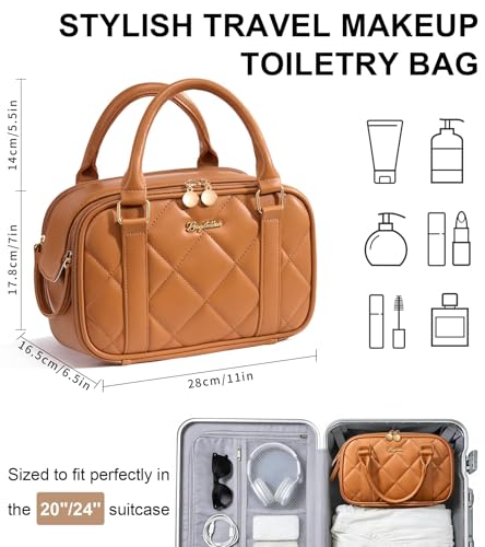 Bagstellar Travel Makeup Bag, Large Capacity Quilted Toiletry Bag for Women Stand-up Cosmetic Bag Open Flat Make Up Case Organizer Portable Pouch Purse w/Handle for Traveling Accessories, Brown - color: Brown